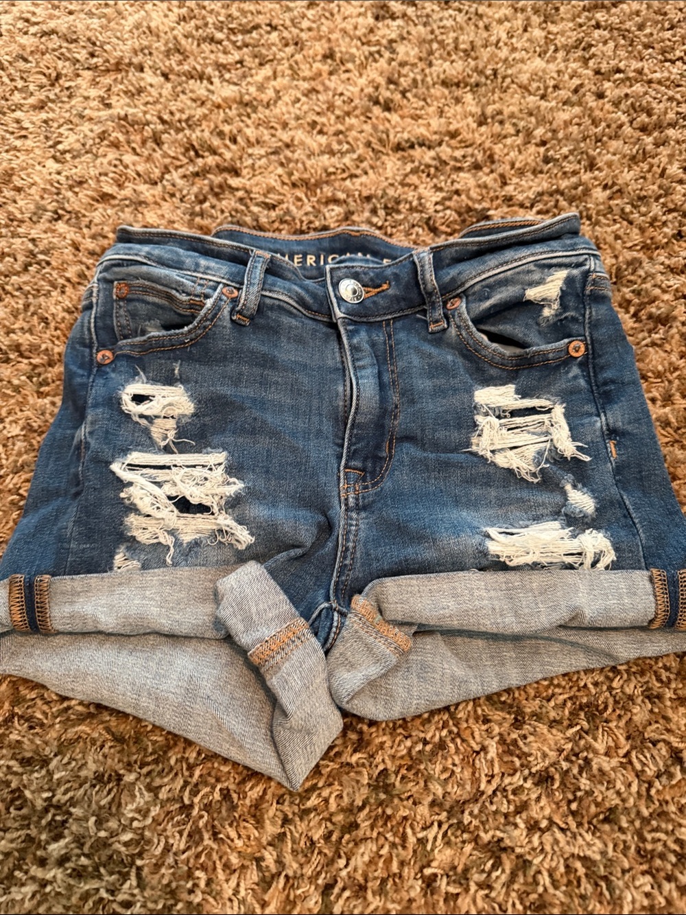American Eagle Outfitters Denim Shorts in Blue with Tan Stitching